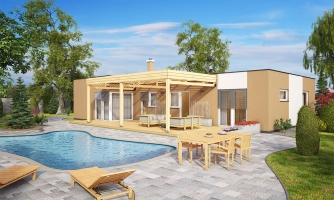 Maison en forme de L avec toit plat.
